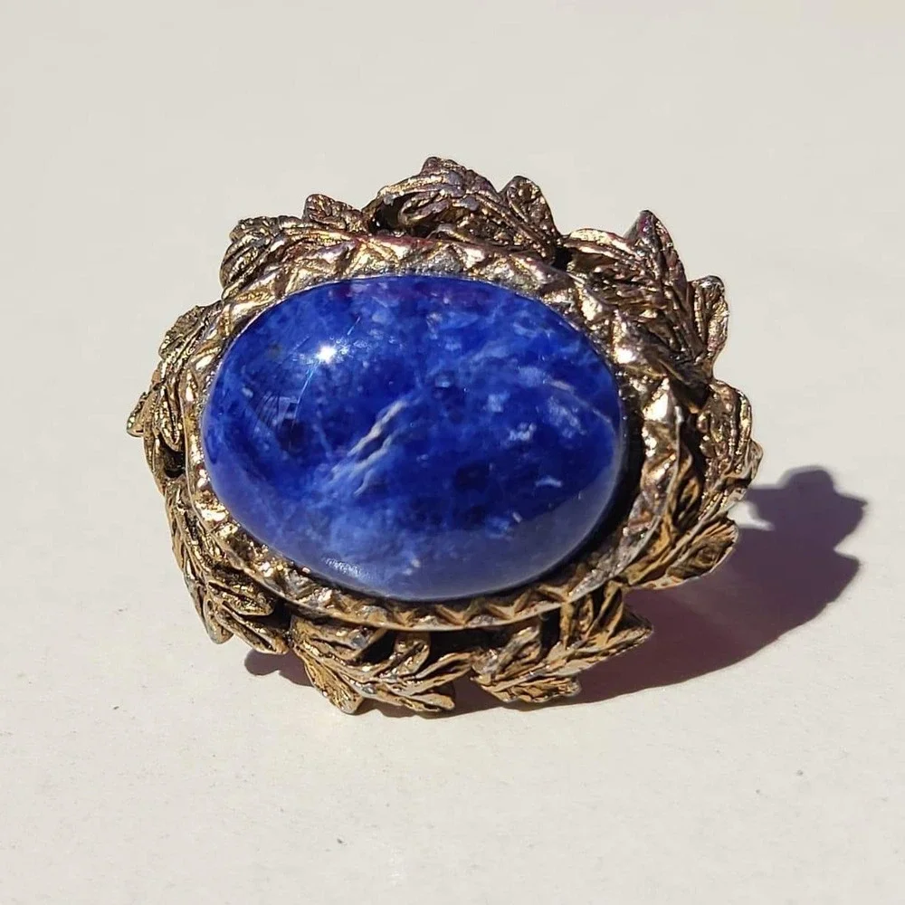 Vintage Lapis Lazuli Gold Tone Leaf Border Cufflinks Blue Mens Textured Toggle
